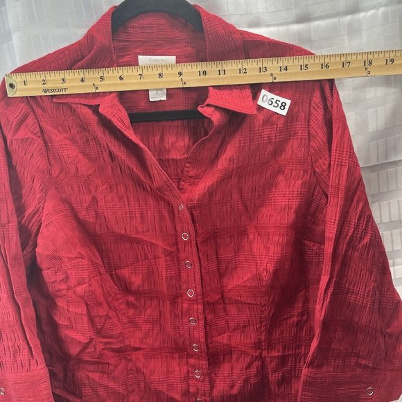 CJ Banks Womens Red Blouse Size X Snap Button Collared 3/4 Sleeve - Picture 16 of 16